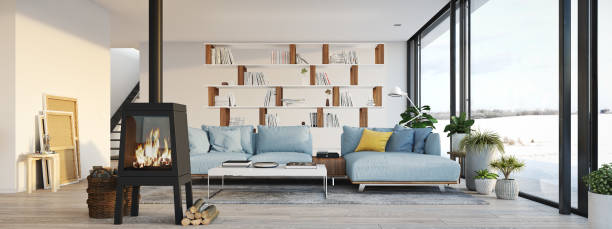 istock 3d rendering. living room with cast iron fireplace in modern loft apartment. 868900212