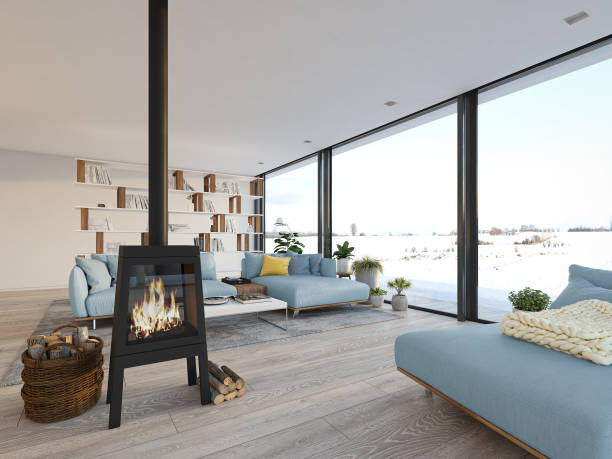 istock 3d rendering. living room with cast iron fireplace in modern loft apartment. 868900248