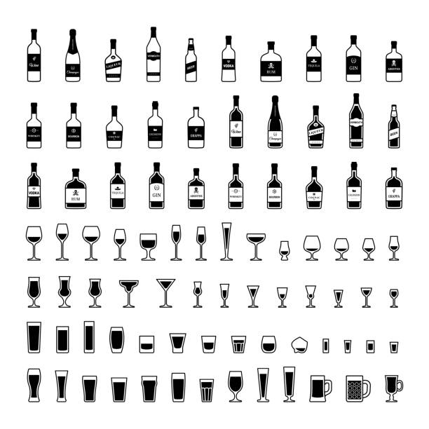illustrazioni stock, clip art, cartoni animati e icone di tendenza di set di bottiglie di alcol in bianco e nero in diversi stili. vettore - bicchiere da vino illustrazioni