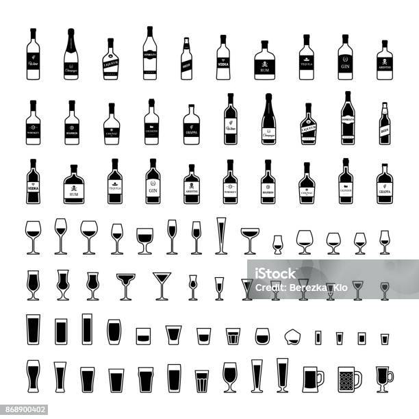 Set Of Black And White Bottles Of Alcohol In Different Styles Vector Stock Illustration - Download Image Now