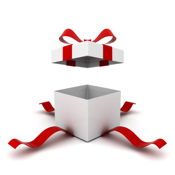 istock Open gift box , present box with red ribbon bow isolated on white background with shadow . 3D rendering 868910674