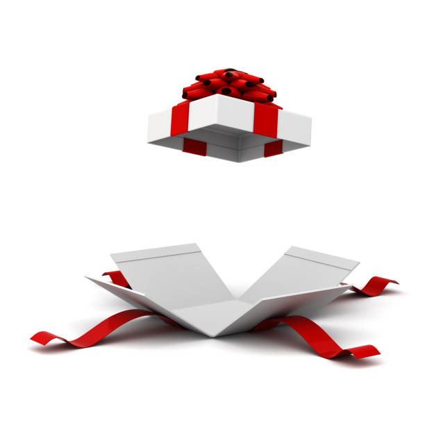 istock Gift box opening , present box with red ribbon bow isolated on white background with shadow . 3D rendering 868910872