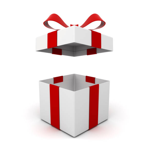 istock Open gift box , present box with red ribbon bow isolated on white background with shadow . 3D rendering 868910874