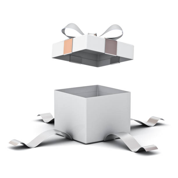 istock Open gift box , present box with silver ribbon bow isolated on white background with shadow . 3D rendering 868910910