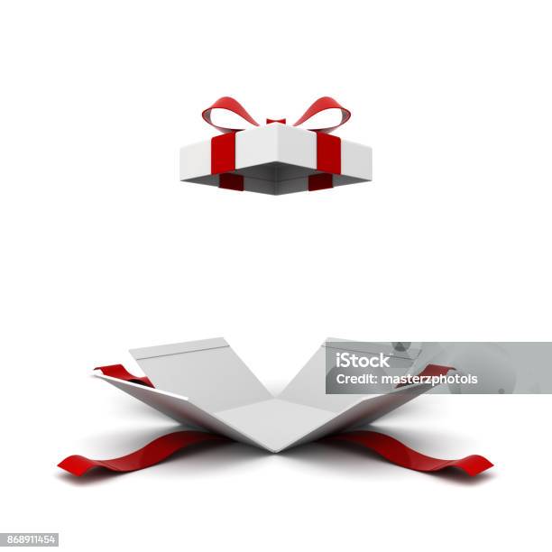 Caja De Regalo Abierta Presente Caja Con Lazo Rojo Arco Aislado En Fondo Blanco Con Sombra Render 3d Foto de stock y más banco de imágenes de Caja de regalo