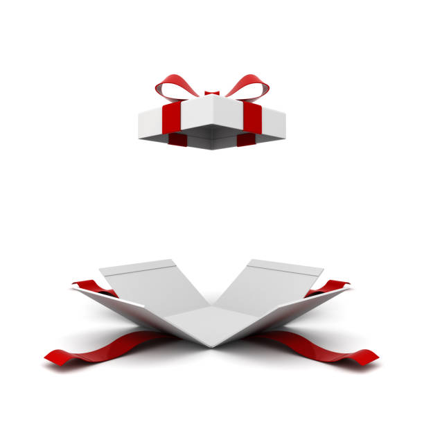 Open gift box , present box with red ribbon bow isolated on white background with shadow . 3D rendering
