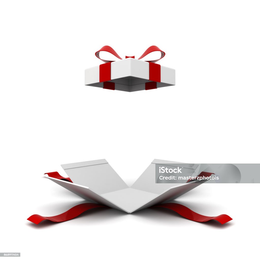 Open gift box , present box with red ribbon bow isolated on white background with shadow . 3D rendering Open gift box , present box with red ribbon bow isolated on white background with shadow . 3D rendering. Gift Box Stock Photo