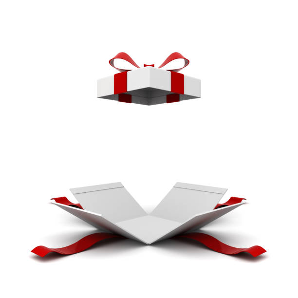Open gift box , present box with red ribbon bow isolated on white background with shadow . 3D rendering stock photo