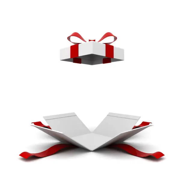Open gift box , present box with red ribbon bow isolated on white background with shadow . 3D rendering.