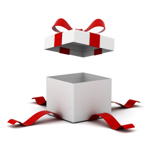 istock Open gift box , present box with red ribbon bow isolated on white background with shadow . 3D rendering 868911458