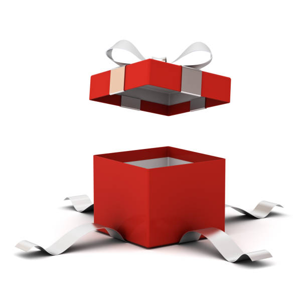 istock Red open gift box , present box with silver ribbon bow isolated on white background with shadow . 3D rendering 868911486