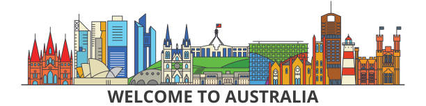 Australia outline skyline, australian flat thin line icons, landmarks, illustrations. Australia cityscape, australian travel city vector banner. Urban silhouette Australia outline skyline, australian flat thin line icons, landmarks, illustrations. Australia cityscape, australian vector travel city banner. Urban silhouette brisbane stock illustrations