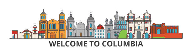 ilustrações de stock, clip art, desenhos animados e ícones de columbia outline skyline, columbian flat thin line icons, landmarks, illustrations. columbia cityscape, columbian travel city vector banner. urban silhouette - church greeting welcome sign sign