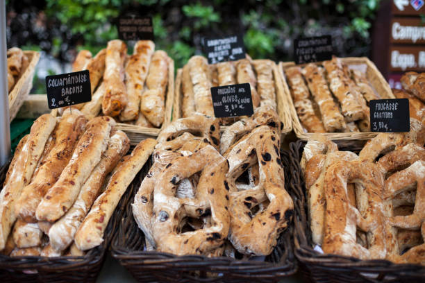 Fresh bread in a market in Provence. stock photo