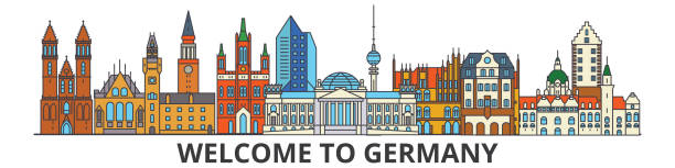 독일 개요 스카이 라인, 독일 평평 얇은 라인 아이콘, 명소, 삽화. 독일 도시, 독일 여행 시 벡터 배너 도시 실루엣 - munich germany city panoramic stock illustrations