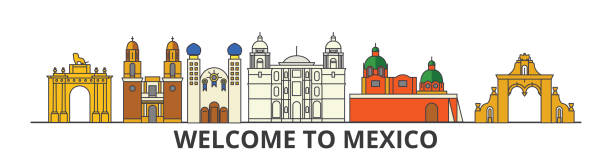 ilustrações de stock, clip art, desenhos animados e ícones de mexico outline skyline, mexican flat thin line icons, landmarks, illustrations. mexico cityscape, mexican travel city vector banner. urban silhouette - church greeting welcome sign sign