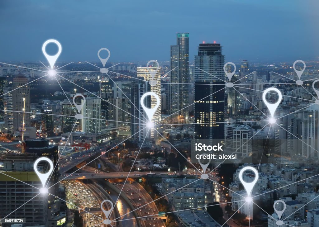 Network gps navigation modern city future technology Direction Stock Photo