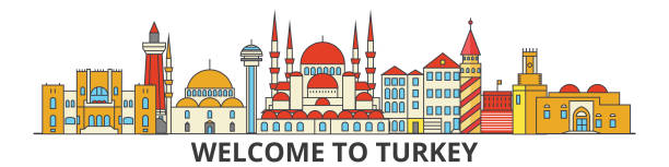 ilustrações de stock, clip art, desenhos animados e ícones de turkey outline skyline, turkish flat thin line icons, landmarks, illustrations. turkey cityscape, turkish travel city vector banner. urban silhouette - church greeting welcome sign sign