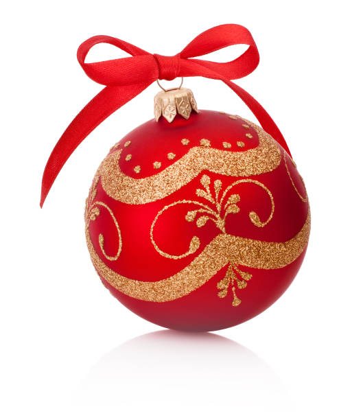 Red Christmas decoration bauble with ribbon bow isolated on white background