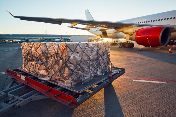 Loading to the aircraft Busy day at the airport. Preparation of the airplane before flight. cargo container stock pictures, royalty-free photos & images