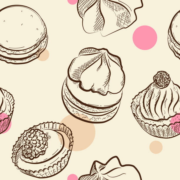 nahtlose muster mit kuchen und punkten - cupcake chocolate pink polka dot stock-grafiken, -clipart, -cartoons und -symbole