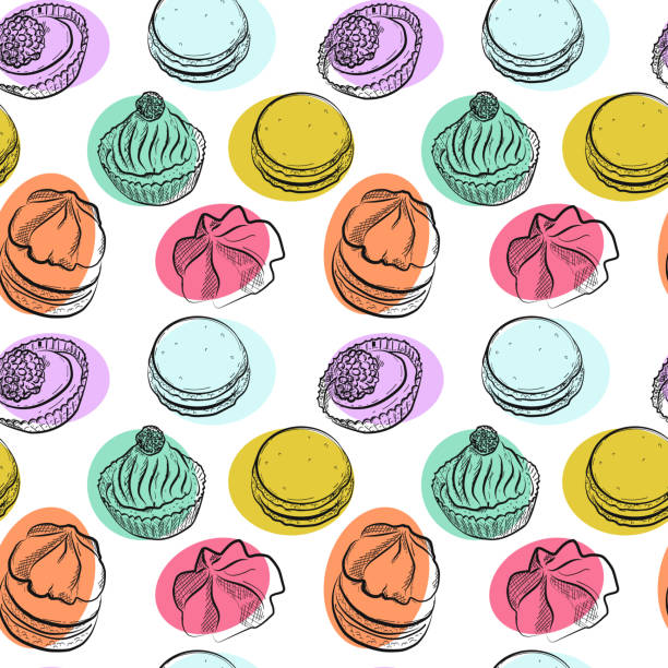 ilustrações, clipart, desenhos animados e ícones de padrão sem emenda com diferentes bolos doces - macaroon french culture dessert food