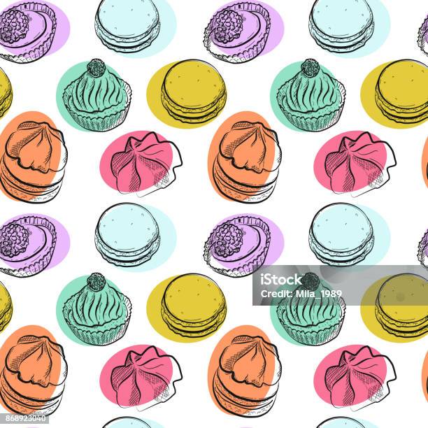 Seamless Pattern With Different Sweet Cakes Stock Illustration - Download Image Now - France, French Culture, Bakery