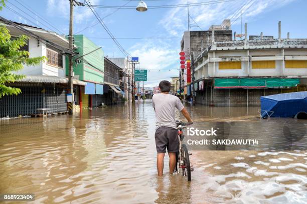 Flooded Road During A Flood Caused By Heavy Rain Stock Photo - Download Image Now - Flood, Accidents and Disasters, Climate
