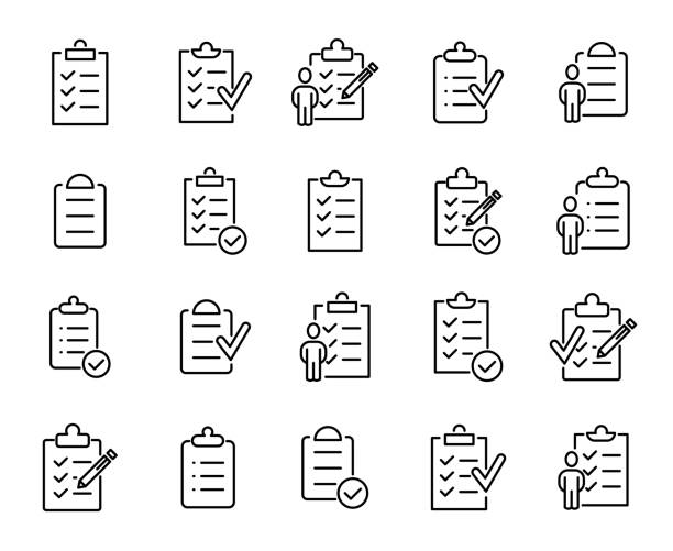 ilustrações de stock, clip art, desenhos animados e ícones de simple set of clipboard related outline icons - stationary document business paper clip