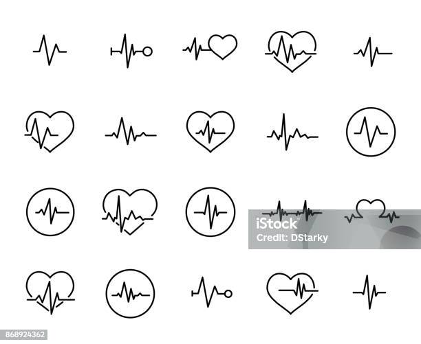 Une Collection Simple De Cardiogramme Associés Icônes De Ligne Vecteurs libres de droits et plus d'images vectorielles de Rythme cardiaque