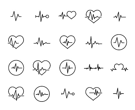 Simple collection of cardiogram related line icons. Thin line vector set of signs for infographic, logo, app development and website design. Premium symbols isolated on a white background.