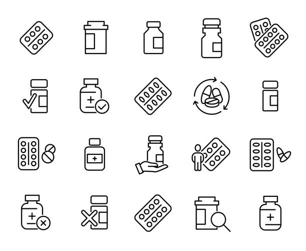 ilustraciones, imágenes clip art, dibujos animados e iconos de stock de simple colección de drogas médicas relacionadas con los iconos de línea - píldora