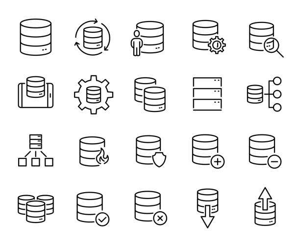 ilustrações, clipart, desenhos animados e ícones de conjunto simples de banco de dados relacionados com ícones de contorno. - data backup
