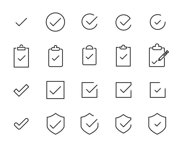 Premium set of check line icons. Premium set of check line icons. Simple pictograms pack. Stroke vector illustration on a white background. Modern outline style icons collection. check mark box stock illustrations