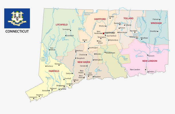 illustrazioni stock, clip art, cartoni animati e icone di tendenza di mappa amministrativa e politica del connecticut con bandiera - connecticut map