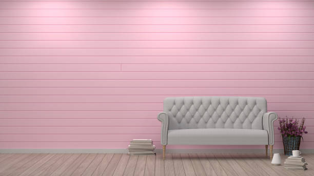 prosta sofa salon przed różową ścianą wnętrz owa dekoracja 3d ilustracja, valentine pokój dekoracji poduszki serca z lampą wnętrze tła nikt pusty czyste - cherry valentine zdjęcia i obrazy z banku zdjęć