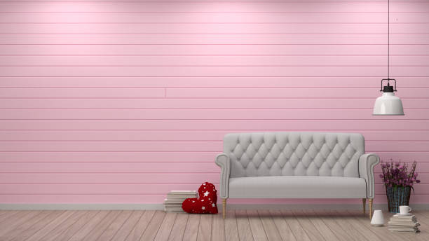 prosty salon i sofa przed różową ścianą wnętrz owa ilustracja 3d, walentynkowy pokój do dekoracji poduszki serca z białym tłem wnętrza lampy - cherry valentine zdjęcia i obrazy z banku zdjęć