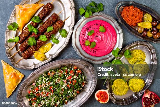 Middle Eastern Traditional Dinner Authentic Arab Cuisine Meze Party Food Top View Flat Lay Overhead Stock Photo - Download Image Now