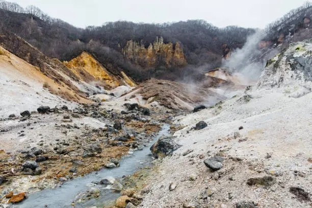 Photo of Mineral lake in Noboribetsu Jigokudani (Hell Valley): The volcano valley got its name from the sulfuric smell, extremely high heat and steam spouting out of the ground in Hokkaido, Japan.