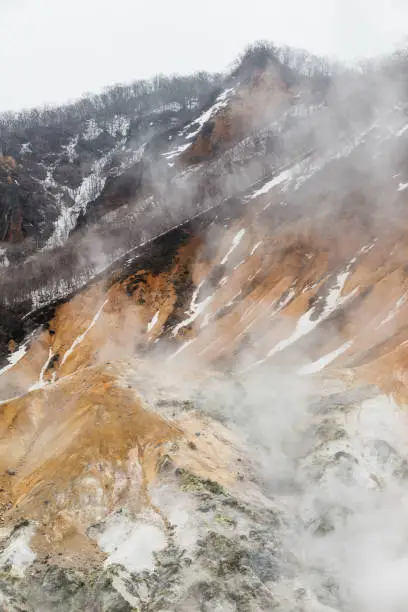 Photo of Noboribetsu Jigokudani (Hell Valley): The volcano valley got its name from the sulfuric smell, extremely high heat and steam spouting out of the ground in Hokkaido, Japan.