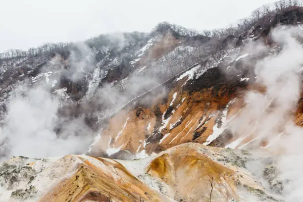 Photo of Noboribetsu Jigokudani (Hell Valley): The volcano valley got its name from the sulfuric smell, extremely high heat and steam spouting out of the ground in Hokkaido, Japan.