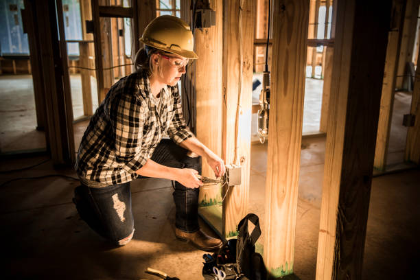 Woman electrician at home construction site. stock photo