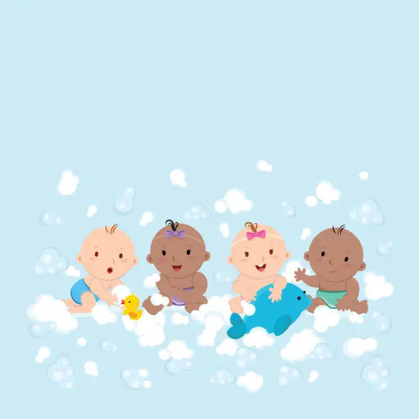 Vector illustration of Multicultural babies playing with foam bubbles