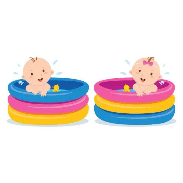 Vector illustration of Baby swimming in kid inflatable pool