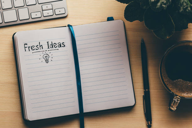 istock Fresh Ideas - words on open notepad on wooden table with cup of coffee, top view. Inspire and Creativity Concept 868963024