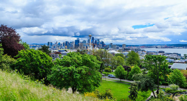 View of Downtown Seattle from Queen Anne Hill on cloudy Day