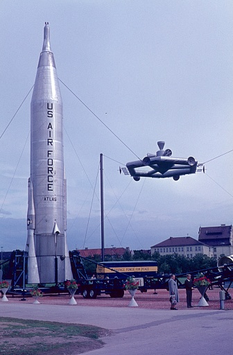 Berlin, Germany, 1961. American Rakententechnik exhibition in the former West Berlin. In the Cold War era, there was a race between the US and the Soviet Union, who first brought a man into space.