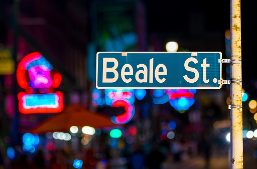 Beale street sign with blur background in Memphis.