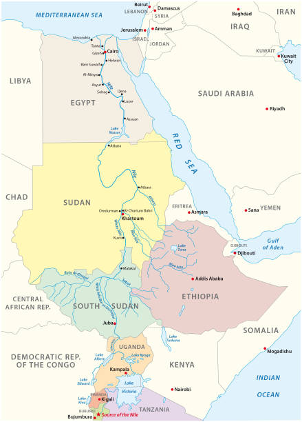illustrazioni stock, clip art, cartoni animati e icone di tendenza di mappa del nilo - republic of the sudan