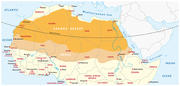 Vector map of the Sahara desert and Sahel zone